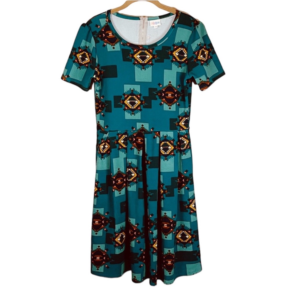 LuLaRoe Amelia Teal Geometric Aztec Tribal Dress